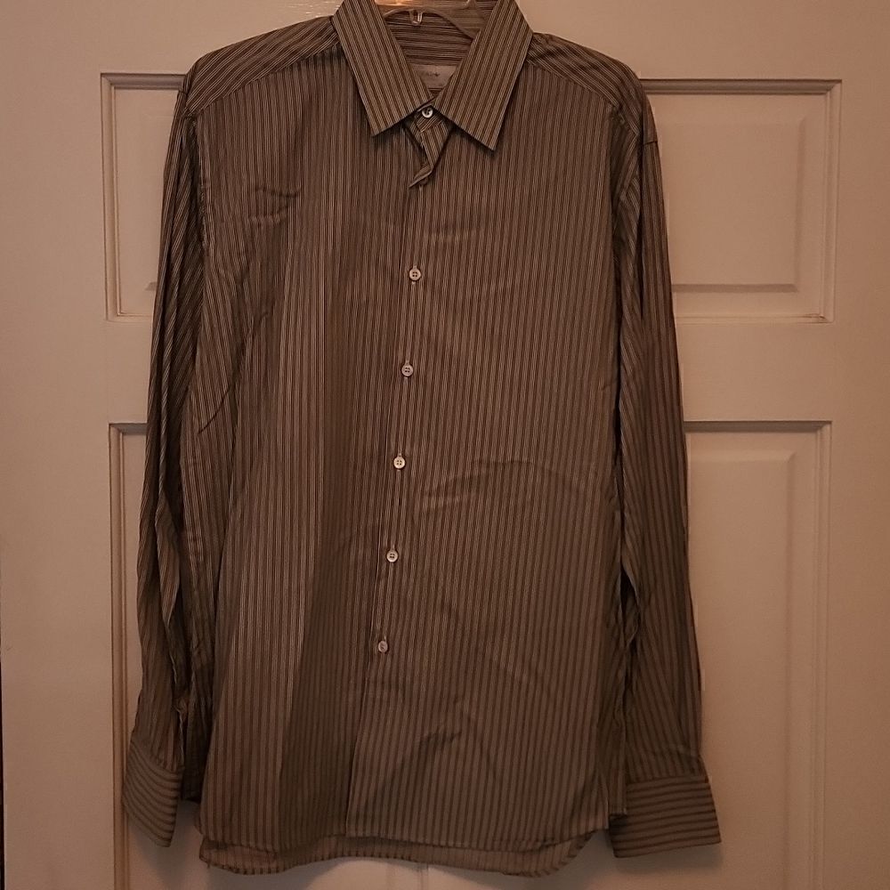 Prada Medium 42 16.5 Green and White Long Sleeve Striped Dress Shirt